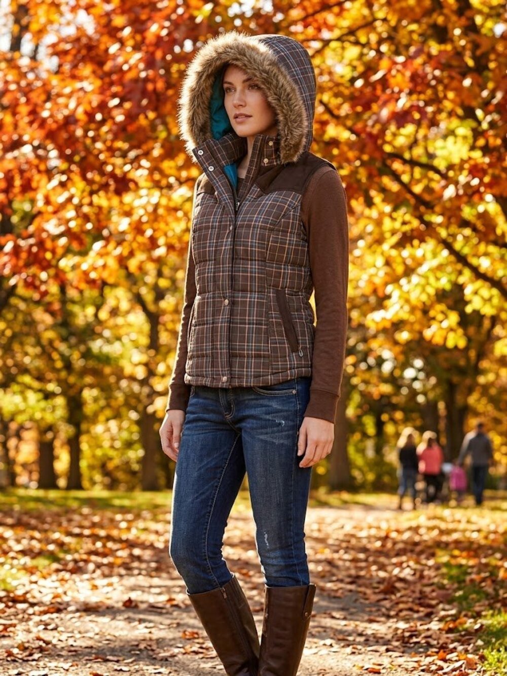 Ariat Plaid Puffer Vest Faux Fur Hood Brown Blue Quilted Equestrian Sz M